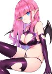  1girl awata_mokane bare_shoulders bikini blue_eyes breasts cleavage cleavage_cutout clothing_cutout demon_girl demon_wings elbow_gloves gloves heart_cutout large_breasts long_hair looking_at_viewer navel original pink_hair pointy_ears purple_bikini purple_eyes purple_gloves purple_legwear simple_background sitting skindentation solo stomach string_bikini swimsuit thighhighs white_background wings 