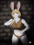  anthro belly big_breasts blonde_hair breasts clothing dagger dungeon ears_up fantasy female hair hi_res kaia_(sojourn) knife lagomorph leporid long_ears mammal melee_weapon navel oneflymagpie rabbit solo underwear weapon 