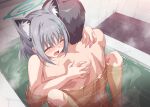  1boy 1girl animal_ear_fluff animal_ears back bangs bath bathing bathroom bathtub blue_archive blush breasts closed_eyes collarbone eyebrows_visible_through_hair grey_hair hair_ornament hairclip halo hetero marugoshi_(54burger) mixed_bathing nude open_mouth partially_submerged sex shiroko_(blue_archive) steam straddling tiles upright_straddle vaginal water wet 