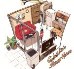  2boys 302 apartment blonde_hair blue_hair cat couch door galo_thymos green_hair isometric kitchen lio_fotia multiple_boys poster_(object) promare refrigerator sink spiked_hair 