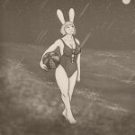  anthro ball barefoot beach beach_ball breasts cleavage clothed clothing feet female inflatable kaia_(sojourn) lagomorph leporid mammal oneflymagpie rabbit raining seaside solo swimwear 