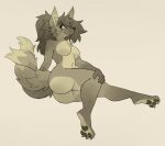  2020 2_tails anthro breasts butt canid canine claws eye_behind_hair female hair hand_on_knee hand_on_leg mammal multi_tail navel paws retros simple_background sitting smile solo 