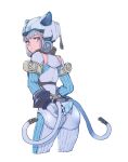  1girl alternate_costume armor ass back blue_eyes blush bodysuit breasts curly_hair gloves helmet highres lobsterbaby99 long_hair looking_at_viewer medium_breasts melia_antiqua silver_hair simple_background xenoblade_chronicles xenoblade_chronicles_(series) 