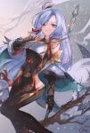  1girl aqua_nails bangs bare_shoulders blue_eyes blue_hair bodystocking branch breast_curtain breasts elbow_gloves eyebrows_visible_through_hair eyes_visible_through_hair feet_out_of_frame genshin_impact gloves gradient_eyes hand_up highres hip_vent holding holding_polearm holding_weapon long_hair looking_at_viewer medium_breasts multicolored_eyes parted_bangs parted_lips partially_fingerless_gloves polearm purple_eyes qie shenhe_(genshin_impact) signature snow snowing solo thighs weapon 