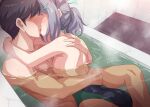  1boy 1girl black_hair blue_archive blush breast_press breasts breasts_out faceless faceless_male french_kiss grey_hair hair_ornament hairclip hetero hug kiss large_breasts leg_lock long_hair marugoshi_(54burger) mixed_bathing nude off_shoulder open_mouth partially_submerged sex shiroko_(blue_archive) short_hair silver_hair tongue tongue_out water wet 