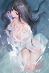  1girl absurdres bangs black_eyes black_hair breasts cleavage collarbone flower flower_over_mouth from_above grandia_lee highres holding holding_flower large_breasts long_hair looking_at_viewer looking_up original partially_submerged see-through shirt solo water wet wet_clothes white_shirt 