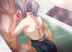  1boy 1girl ass back bar_censor bathroom bathtub blue_archive breasts censored clothed_female_nude_male erection fellatio from_behind grey_hair hair_ornament hairclip head_out_of_frame hetero indoors marugoshi_(54burger) medium_breasts mixed_bathing nipples nude oral partially_submerged penis shiroko_(blue_archive) sitting solo_focus steam water wet 
