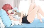  1girl animal artist_name bangs bed black_shorts breasts cat cat_day chaesu closed_mouth collarbone commentary crossed_bangs curtains english_commentary eyebrows_visible_through_hair hair_between_eyes highres holding holding_animal holding_cat indoors knees_up legs looking_at_viewer lying medium_breasts on_back pillow red_hair shirt short_shorts shorts sleeveless sleeveless_shirt smile solo spaghetti_strap thighs white_shirt yellow_eyes 