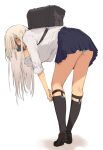  1girl adjusting_clothes adjusting_hair adjusting_legwear bag bent_over black_footwear black_legwear black_skirt blonde_hair blue_eyes blue_panties ear_piercing full_body hand_in_hair highres kneehighs long_hair looking_down mole mole_under_eye original panties panty_peek pantyshot piercing satou_daiji school_bag school_uniform shirt skirt solo underwear white_background white_shirt 