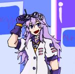  1girl alternate_costume arm_up commentary d-pad d-pad_hair_ornament dress english_commentary gloves goggles goggles_on_head hair_between_eyes hair_ornament long_hair looking_at_viewer necktie nepgear neptune_(series) open_mouth purple_eyes purple_gloves purple_hair radio_antenna redesign ro-beto(artist) self_upload shirt short_sleeves smile solo upper_body white_dress yellow_necktie 