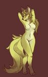  2014 anthro canid canine female fox fur hair hand_behind_head male mammal navel nude raised_hand retros simple_background solo standing yellow_body yellow_fur 