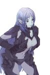  1girl alien armor bangs blue_hair breasts cleavage elma_(true_form)_(xenoblade_x) elma_(xenoblade_x) gloves highres large_breasts light_blue_eyes light_blue_hair light_blue_skin lobsterbaby99 long_hair navel pointy_ears purple_eyes simple_background solo spoilers standing upper_body very_long_hair xenoblade_chronicles_(series) xenoblade_chronicles_x 