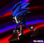  1boy abstract_background alternate_costume animal_ears artist_name back blue_fur chromatic_aberration commentary english_commentary full_body furry furry_male gloves highres male_focus nike red_footwear ro-beto(artist) self_upload shoes sneakers solo sonic_(series) sonic_the_hedgehog spikes white_gloves 