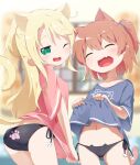  2girls :d ;d ^_^ animal_ears ass bangs black_panties blonde_hair blue_shirt blurry blurry_background blush breasts brown_hair cat_ear_panties cat_ears cat_girl cat_lingerie cat_tail closed_eyes clothes_lift commentary_request depth_of_field eyebrows_visible_through_hair fang green_eyes hair_between_eyes highres himesaka_noa hoshino_hinata indoors kemonomimi_mode lifted_by_self long_hair makuran meme_attire multiple_girls navel no_pants one_eye_closed one_side_up panties pink_shirt shirt shirt_lift side-tie_panties small_breasts smile standing tail underwear very_long_hair watashi_ni_tenshi_ga_maiorita! 