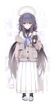  1girl absurdres black_hair black_legwear blue_archive blush book commentary_request full_body glasses halo headband highres i-tsd jewelry long_hair looking_at_viewer low_twintails necklace no_pants pantyhose school_uniform solo sweater twintails ui_(blue_archive) white_background 