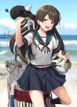  1girl abyssal_ship alternate_hairstyle beach black_legwear blue_sailor_collar blue_skirt blue_sky blurry blurry_background brown_eyes brown_hair brown_neckerchief cloud cowboy_shot day hair_down highres horizon i-class_destroyer ichikawa_feesu kantai_collection kneehighs long_hair machinery neckerchief ocean outdoors pleated_skirt revision sailor_collar school_uniform serafuku skirt sky solo standing teeth uranami_(kancolle) 