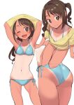  1girl ass bikini bikini_under_clothes blue_bikini blush breasts brown_eyes brown_hair buta_tsuzumi clothes_lift eyebrows_visible_through_hair idolmaster idolmaster_cinderella_girls lifted_by_self long_hair looking_at_viewer looking_up multiple_views navel one-piece_tan one_eye_closed open_mouth shimamura_uzuki shirt shirt_lift side-tie_bikini side_ponytail simple_background sitting smile solo standing stomach swimsuit taking_off tan tanlines undressing white_background yellow_shirt yokozuwari yoshiwo_(kanikama) 