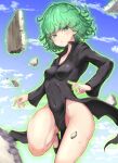  1girl arms_up aura black_dress blue_sky breasts cloud covered_navel covered_nipples dress floating floating_hair green_eyes green_hair highres impossible_clothes long_sleeves looking_at_viewer navel one-punch_man parted_lips pink_background psychic rabittofaa rock short_hair skin_tight sky small_breasts smile solo tatsumaki thighs 
