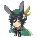  1boy animal_ears bangs bard beret black_hair blue_eyes blue_hair blush braid cape collared_cape flower genshin_impact gradient_hair green_cape green_headwear hat hat_flower male_focus maomaoyu multicolored_hair rabbit_boy rabbit_ears short_hair_with_long_locks smile solo twin_braids venti_(genshin_impact) white_background white_flower 