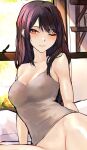  1girl absurdres bare_arms blush bottomless breasts cleavage collarbone grey_camisole groin highres indoors large_breasts light_particles long_hair looking_at_viewer morning naokomama one_eye_closed original parted_lips purple_eyes red_eyes sitting solo 