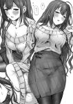  1girl :o absurdres ahoge bare_shoulders black_legwear blush breasts cleavage collarbone flying_sweatdrops greyscale high-waist_skirt highres idolmaster idolmaster_shiny_colors jewelry kakeru_(fujiwara_kakeru) kuwayama_chiyuki large_breasts long_hair looking_at_viewer lying monochrome multiple_views necklace off-shoulder_sweater off_shoulder on_back on_side pantyhose sitting skirt speech_bubble sweatdrop sweater very_long_hair wavy_mouth yokozuwari 