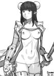  1girl absurdres armor artist_name bangs blunt_bangs breasts closed_mouth collarbone cowboy_shot dated elf greyscale highres holding holding_sword holding_weapon katana long_hair medium_breasts monochrome navel nipples original panties pointy_ears side-tie_panties simple_background smile solo sunna_(nilsunna) sword thighhighs underwear vambraces weapon white_background 