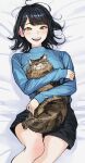  1girl animal black_hair black_shorts blue_sweater cat colored_eyelashes commentary_request feet_out_of_frame highres holding holding_animal holding_cat long_sleeves looking_at_viewer lying nzenzenzenze on_back on_bed open_mouth original short_hair shorts sleeves_past_wrists smile solo sweater teeth upper_teeth yellow_eyes 