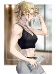  1girl abs arm_tattoo bangs bike_shorts blonde_hair blush bottle breasts chest_tattoo from_side genderswap genderswap_(mtf) grey_shorts hair_behind_ear hand_on_own_head highres holding holding_bottle luca_kaneshiro lucy_kaneshiro medium_breasts mitori_(nana7_77777) navel nijisanji nijisanji_en ponytail purple_eyes shorts solo tattoo virtual_youtuber water_bottle 