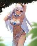  1girl :o arm_behind_head arm_up armband armpits bangs belly_chain bikini blue_flower blurry blurry_foreground bow braid breasts choker cleavage collarbone dappled_sunlight dark-skinned_female dark_elf dark_skin day elf eyebrows_visible_through_hair flower gem hair_between_eyes hair_bow hand_in_hair hand_up head_tilt highres jewelry kirisame_koiiro long_hair looking_at_viewer medium_breasts original outdoors plant pointy_ears sarong see-through side_braid single_braid solo standing straight_hair strapless strapless_bikini sunlight swimsuit tiara tree very_long_hair white_bikini white_choker white_hair wrist_cuffs yellow_eyes 