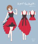  1girl ;) barefoot brown_eyes brown_hair concept_art dress highres kirita_asami meiko one_eye_closed ribbon short_hair sleeveless smile solo translation_request vocaloid 