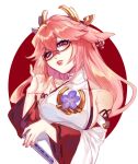  1girl animal_ears bespectacled detached_sleeves earrings english_commentary fox_ears genshin_impact glasses highres japanese_clothes jewelry lips long_hair low-tied_long_hair lucerna_lunam miko pink_hair pink_nails priestess purple_eyes red-framed_eyewear shirt solo white_shirt yae_miko 