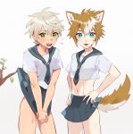  2boys absurdres animal_ears bandaid bandaid_on_face bandaid_on_nose bennett_(genshin_impact) blonde_hair blue_eyes branch covering covering_crotch flying_sweatdrops fox_ears fox_tail genshin_impact gorou_(genshin_impact) green_eyes grey_hair hands_on_hips highres itsme_takk looking_at_viewer male_focus midriff multiple_boys navel sailor_collar short_hair skirt tail tongue tongue_out 