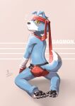  accessory anthro bananana8729 bandai_namco blue_body blue_fur blush boxing_gloves butt canid canine clothing digimon digimon_(species) embarrassed fur gaomon handwear headband looking_at_viewer looking_back male mammal pawpads solo underwear yellow_eyes 