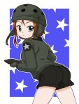  1girl ass bangs black_gloves black_shorts blue_background blue_eyes brown_hair brown_jacket commentary emblem from_behind girls_und_panzer gloves green_headwear helmet helmet-chan_(girls_und_panzer) holding jacket long_sleeves looking_at_viewer looking_back military military_uniform outline outside_border parted_lips saunders_military_uniform short_hair short_shorts shorts solo standing star_(symbol) starry_background takahashi_kurage tank_helmet tank_shell uniform white_outline 