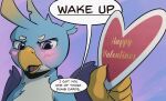  &lt;3 absurd_res avian beak blue_body blue_eyes blue_feathers blush claws english_text feathers first_person_view friendship_is_magic gallus_(mlp) gryphon hasbro hi_res holding_object holidays kam male my_little_pony mythological_avian mythology open_mouth solo text valentine&#039;s_day 
