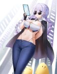 1girl absurdres arm_behind_back avrora_(azur_lane) avrora_(not_cut_out_for_this?)_(azur_lane) azur_lane bangs between_breasts bird black_gloves black_jacket blue_eyes blue_necktie blue_pants braid breasts chick chinese_commentary cleavage commentary_request cowboy_shot crop_top detached_collar earrings eyebrows_visible_through_hair fingerless_gloves floating_hair gloves groin hair_between_eyes hand_up highleg highleg_panties highres holding holding_tablet_pc jacket jacket_on_shoulders jewelry large_breasts long_hair looking_at_viewer manjuu_(azur_lane) midriff navel necktie necktie_between_breasts official_alternate_costume panties pants parted_lips qing_wu shirt sidelocks silver_hair skindentation smile solo_focus standing sunglasses tablet_pc twin_braids underwear white_shirt 