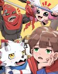  absurd_res annoyed anthro bandai_namco brown_hair ceratopsian clockmon digimon digimon_(species) digimon_ghost_game dinosaur gammamon hair hase_popopo hi_res hiro_amanokawa horn human male mammal ornithischian piximon reptile scalie solo triceratops white_body yellow_eyes 