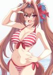  1girl :d animal_ears bikini bow breasts daiwa_scarlet_(umamusume) fang gradient gradient_background grey_background hair_bow hand_on_hip horse_ears horse_girl horse_tail large_breasts long_hair looking_at_viewer nanao_(naoekaki25) navel red_bikini red_bow red_eyes red_hair smile solo striped striped_bikini swimsuit tail tiara umamusume very_long_hair white_background 