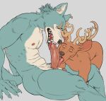  2022 anthro anthro_on_anthro antlers auto_penis_lick ball_grab balls barely_visible_balls barely_visible_genitalia beastars belly bent_over big_penis bodily_fluids canid canine canis cervid claws duo erection eyebrows eyes_closed foreskin fur genitals grey_background hi_res horn humanoid_genitalia humanoid_penis legoshi_(beastars) licking louis_(beastars) male male/male mammal masturbation muscular muscular_anthro muscular_male nails nipples nude open_mouth oral oral_masturbation pecs penile penile_masturbation penis penis_lick saliva saliva_on_penis scar self_lick sex simple_background sitting smagma teeth tongue tongue_out tuft wolf 