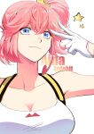  1girl 302 aina_ardebit blue_eyes breasts character_name cleavage gloves highres large_breasts pink_hair promare side_ponytail solo suspenders white_gloves 