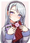  1girl absurdres bangs blush box coat commentary_request flower gift gift_box hairband highres holding holding_gift kantai_collection long_hair long_sleeves namaata official_alternate_costume parted_lips pink_flower plaid plaid_hairband purple_eyes sagiri_(kancolle) silver_hair simple_background solo twitter_username two-tone_background upper_body valentine 