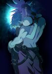  2boys 302 blue_theme detached_sleeves galo_thymos gloves green_hair half_gloves highres hug kiss lio_fotia male_focus multiple_boys promare single_detached_sleeve spiked_hair topless_male yaoi 