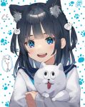  1girl :d absurdres animal_ear_fluff animal_ears bangs black_hair blue_eyes blue_sailor_collar cat_day cat_ears cat_hair_ornament commentary eyebrows_visible_through_hair fang hair_ornament highres long_hair long_sleeves looking_at_viewer mashiro_kta nyan original sailor_collar school_uniform serafuku shirt sleeves_past_wrists smile solo teeth two_side_up upper_body upper_teeth white_background white_shirt 