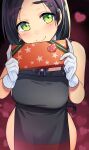  1girl apron black_apron black_hair blush box breasts closed_mouth cowboy_shot eyebrows_visible_through_hair gift gift_box gloves green_eyes hair_ornament hairclip heart heart_background highres holding holding_gift kantai_collection kuroshio_(kancolle) large_breasts looking_at_viewer naked_apron short_hair smile solo taketora_suzume valentine white_gloves 
