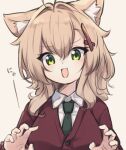  1girl :d animal_ear_fluff animal_ears bangs blush brown_background cardigan cat_ears collared_shirt commentary eyebrows_visible_through_hair green_eyes green_necktie hair_between_eyes hair_ornament hands_up light_brown_hair long_hair long_sleeves looking_at_viewer natsuki_teru necktie nekomiya_ryuu original red_cardigan shirt simple_background sleeves_past_wrists smile solo upper_body white_shirt 