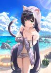  1girl animal_ear_fluff animal_ears bare_arms bare_shoulders beach bekkuro bikini black_hair blue_bikini breasts cat_ears cat_girl cat_tail cloud cloudy_sky commentary_request day eyewear_on_head food fruit highres innertube jacket karyl_(princess_connect!) leaning_forward long_hair long_sleeves multicolored_hair navel off_shoulder open_clothes open_jacket outdoors princess_connect! purple_jacket short_shorts shorts sky solo standing stomach streaked_hair sunglasses swimsuit tail tail_raised twintails very_long_hair watermelon wet white_hair white_shorts 
