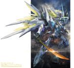  blue_eyes city duel_masters flying glowing glowing_eye halo holding holding_sword holding_weapon looking_down masuda_mikio mecha mechanical_wings no_humans official_art science_fiction shiny solo sword weapon wings 