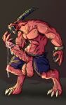  abomination_(darkest_dungeon) anthro balls big_balls big_penis bodily_fluids bombayeen_(artist) bottomwear chain clothing cuffs_(clothing) darkest_dungeon demon dripping genital_fluids genitals hi_res huge_balls huge_penis male monster pants penis precum precum_drip precum_string solo 