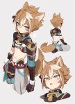  1boy animal_ears aqua_eyes armor bangs black_gloves blush closed_mouth dog_boy dog_ears dog_tail fingerless_gloves genshin_impact gloves gorou_(genshin_impact) grey_background hair_between_eyes hair_ornament highres japanese_armor japanese_clothes light_brown_hair makeup male_focus multicolored_hair multiple_views parted_lips paw_print simple_background sitting soto streaked_hair tail tassel white_hair 