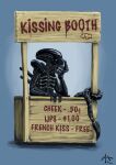  &lt;3 2015 alien alien_(franchise) ambiguous_gender black_body black_tail blue_background booth claws english_text exoskeleton front_view hi_res humor kissing_booth mac_hillier sharp_teeth signature simple_background solo teeth text xenomorph 